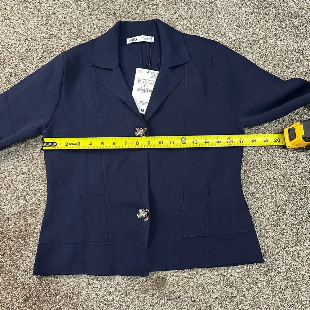 ZARA Women's Flower Button Knit Cardigan Blazer Size M In Navy - Picture 7 of 10
